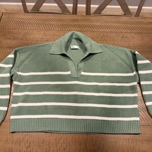 Hollister Green and White Striped Sweater